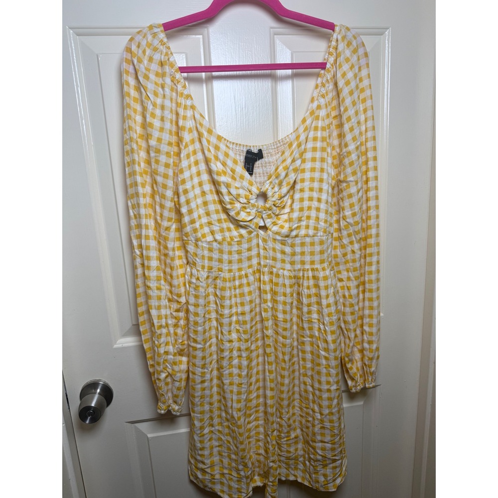 Forever 21 Plus Yellow Gingham Twist Front Keyhole Smocked Mini Dress 1X NWT